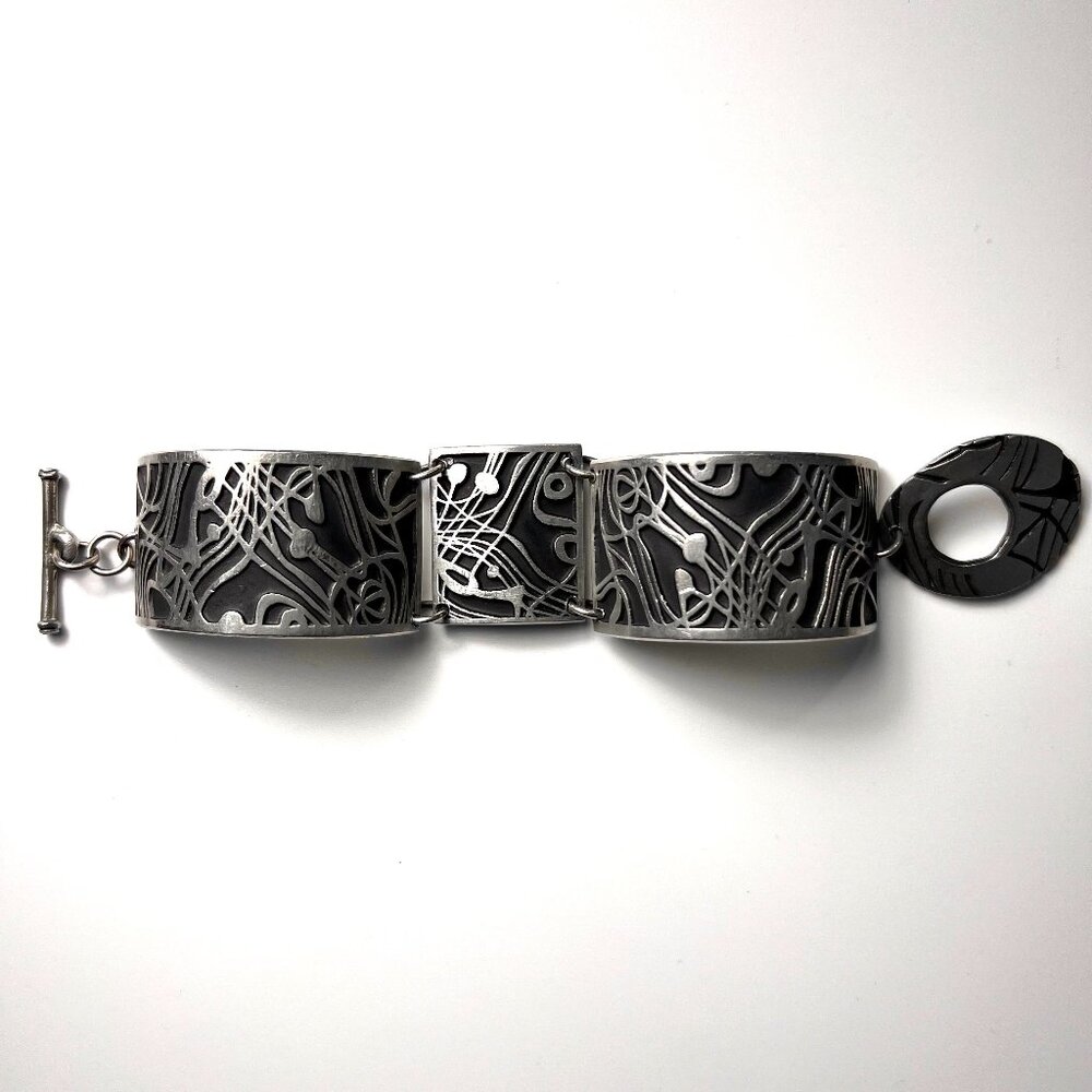 VTG ALICE SEELY 2000 Pewter Abstract Panel Link Bracelet with Toogle Clasp